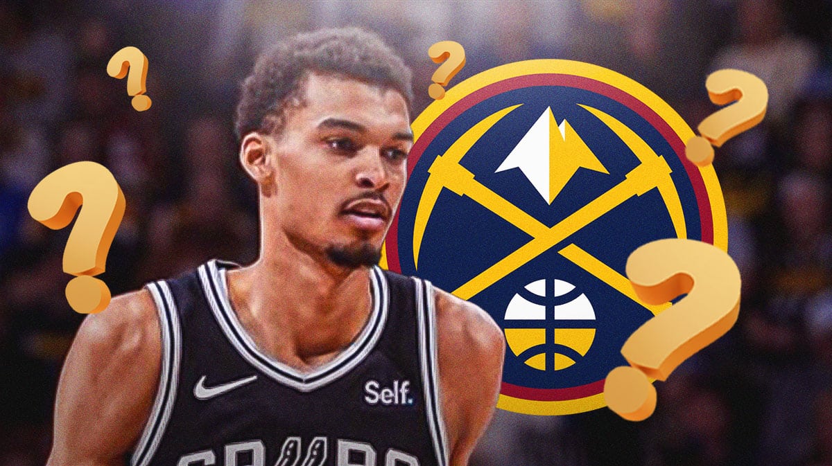 Spurs Victor Webanyama next to a Nuggets logo surrounded by question marks.