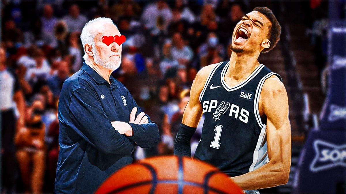Gregg Popovich with heart emojis for eyes looking at Spurs' Victor Wembanyama