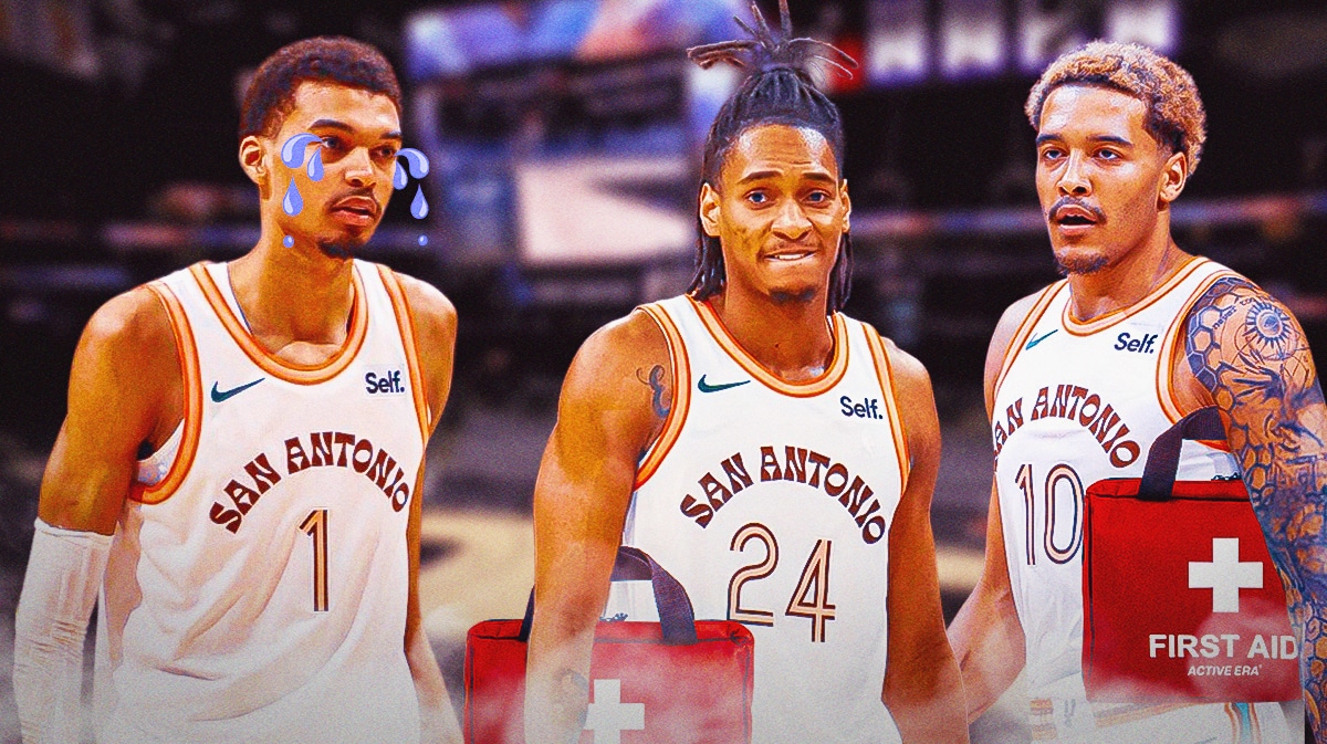 Jeremy Sochan and Devin Vassell, with first aid kits. Victor Wembanyama crying. San Antonio Spurs