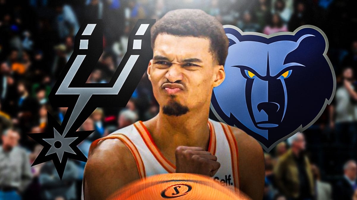 Victor Wembanyama in image with San Antonio Spurs logo and Memphis Grizzlies logo