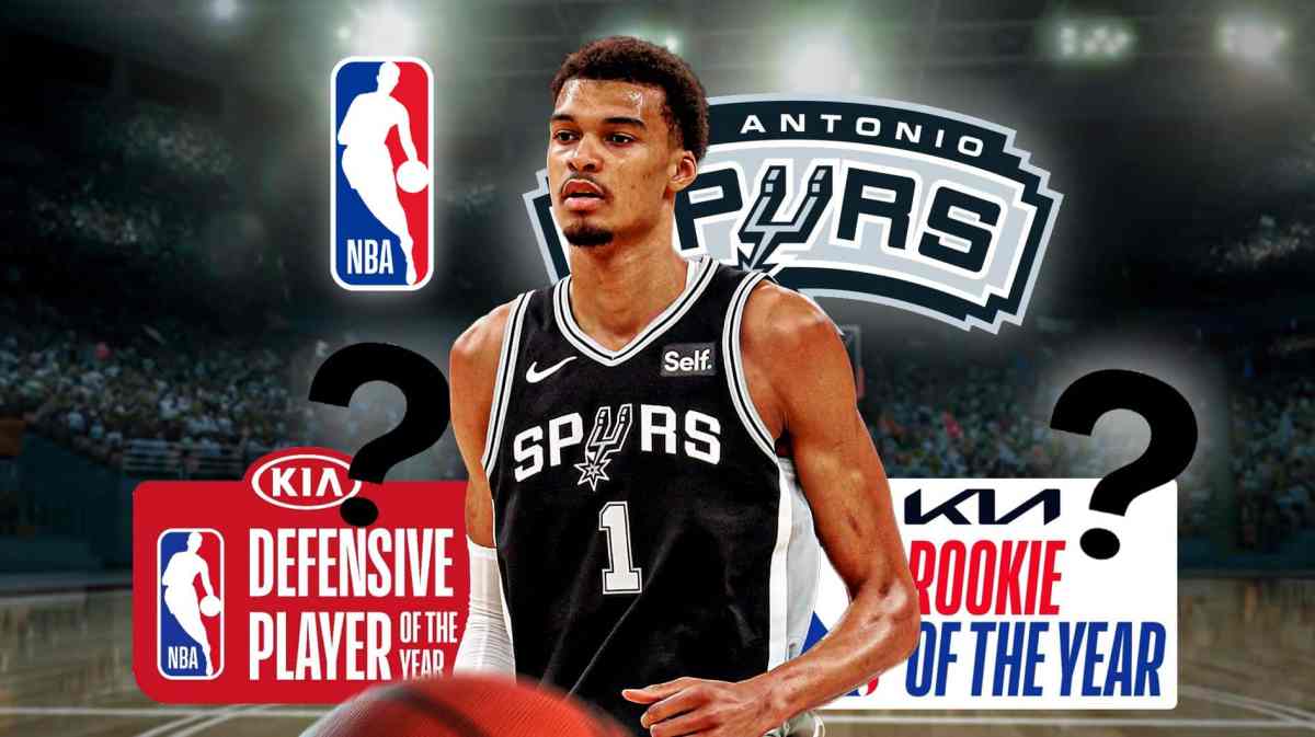 Victor Wembanyama with San Antonio Spurs logo, NBA logo, Rookie of the Year logo and Defensive Player of the Year logo in the background with question marks