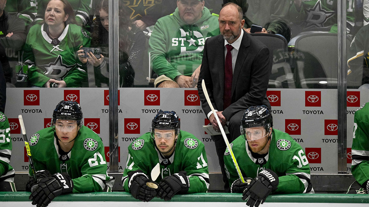 Dallas Stars head coach Peter DeBoer watches from the team bench during the first period of the game between the Dallas Stars and the Winnipeg Jets at the American Airlines Center.