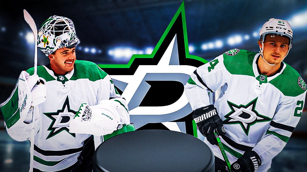 Jake Oettinger and Roope Hintz in image looking happy, Dallas Stars logo in between, hockey rink in background