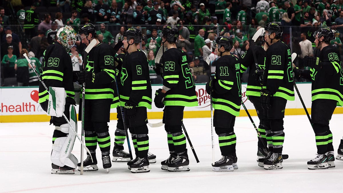 The Dallas Stars celebrate winning the game against the Seattle Kraken at American Airlines Center.