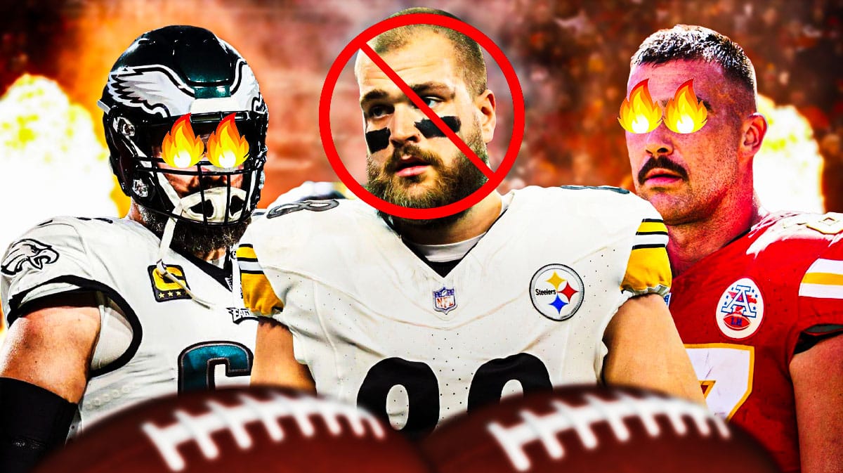 Travis Kelce and Jason Kelce with Pittsburgh Steelers’ tight end Pat Freiermuth between them. Travis and Jason have fire eyes and Pat Freiermuth has a circle with a line through it over his face.