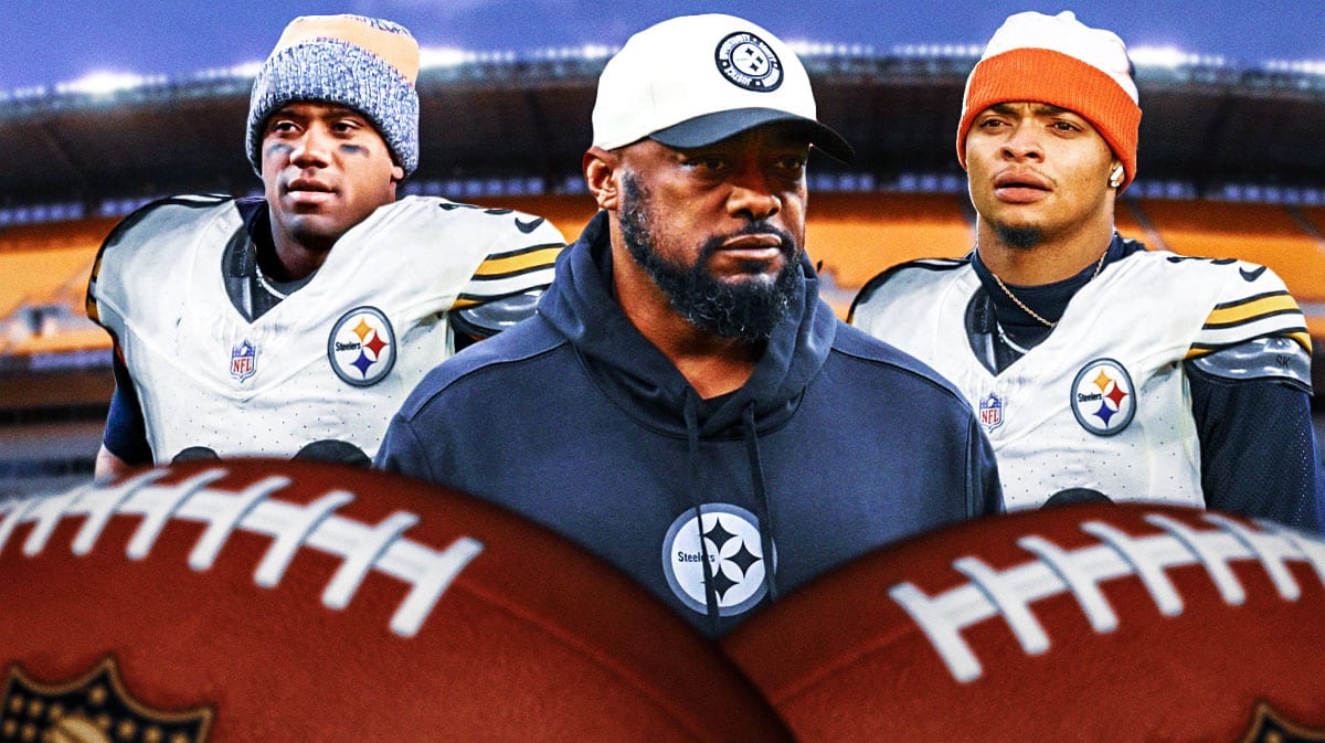 Steelers coach Mike Tomlin with quarterbacks Russell Wilson and Justin Fields
