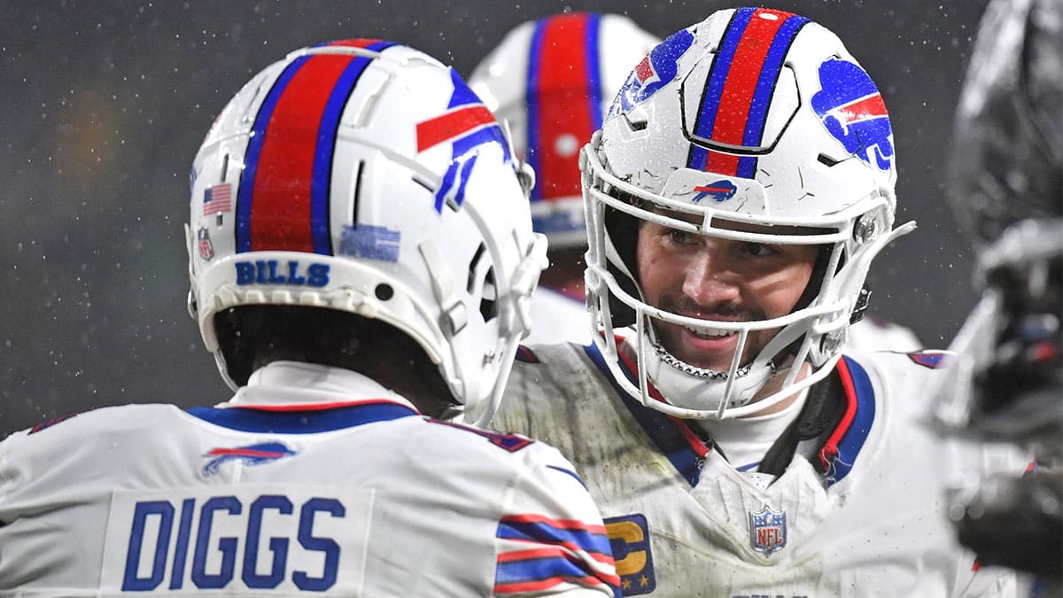 Buffalo Bills quarterback Josh Allen (17) and wide receiver Stefon Diggs (14) celebrate a touchdown against the Philadelphia Eagles against the Philadelphia Eagles at Lincoln Financial Field.