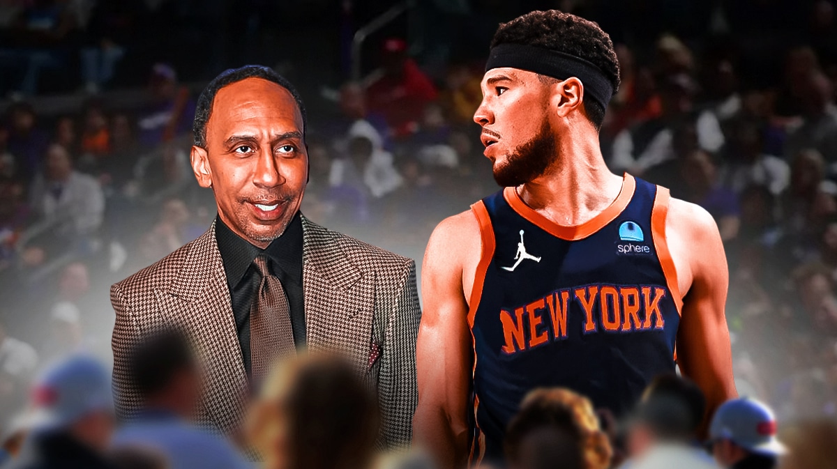 Stephen A. Smith smiling on left. Devin Booker in a Knicks jersey on right.