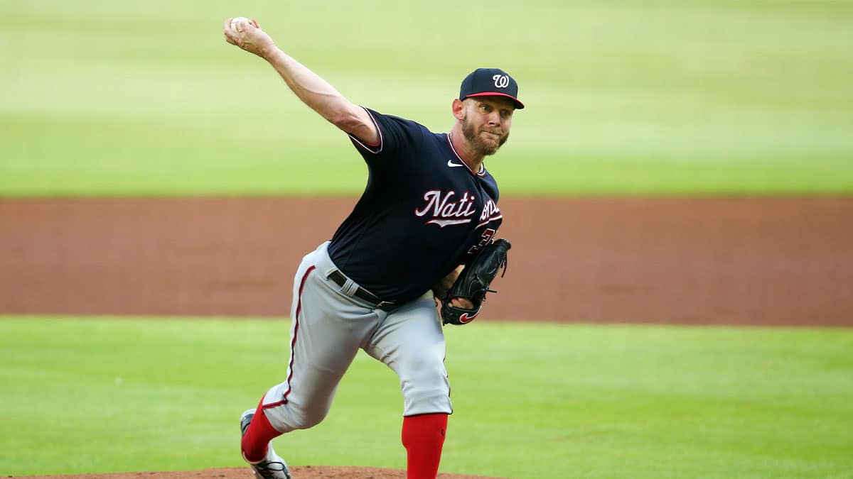 Washington Nationals starting pitcher Stephen Strasburg (37) throws against the Atlanta Braves in the first inning at Truist Park