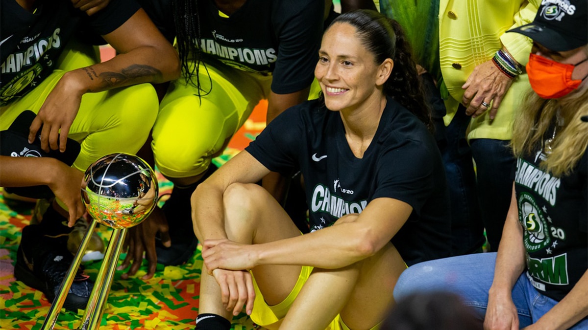 Seattle Storm guard Sue Bird (10) poses with the championship trophy after winning the 2020 WNBA Finals.