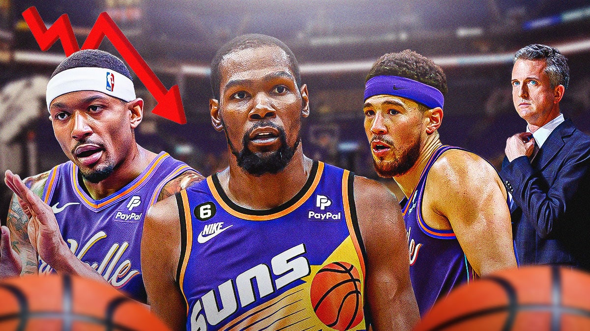 Bill Simmons looking at Suns' Kevin Durant, Bradley Beal, and Devin Booker, with the stock down logo beside Beal
