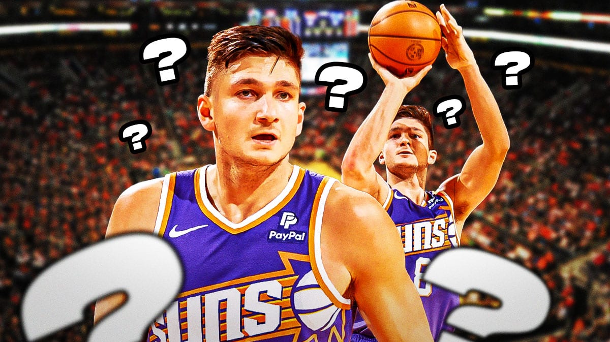 Suns' Grayson Allen in middle shooting a basketball. Place a question mark on his left and his right.