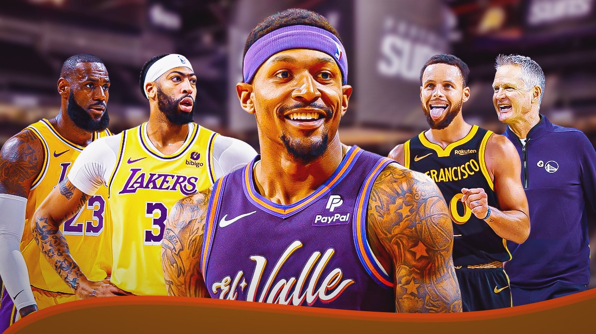 Bradley Beal with Lakers players and Warriors players looking at him.