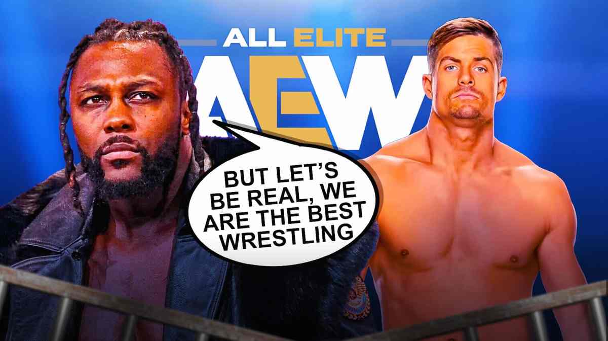 Swerve Strickland with a text bubble reading "But let’s be real, we are the best wrestling" next to Grayson Waller with the AEW logo as the background.