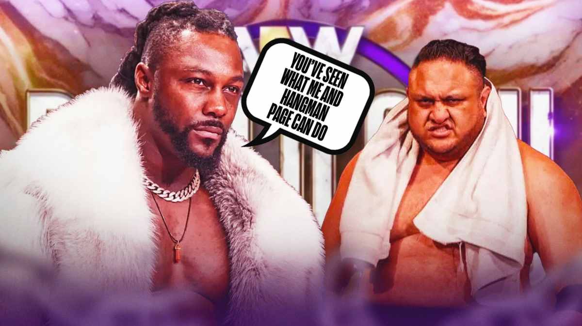 Swerve Strickland with a text bubble reading " You’ve seen what me and Hangman Page can do" next to Samoa Joe with the AEW Dynasty logo as the background.