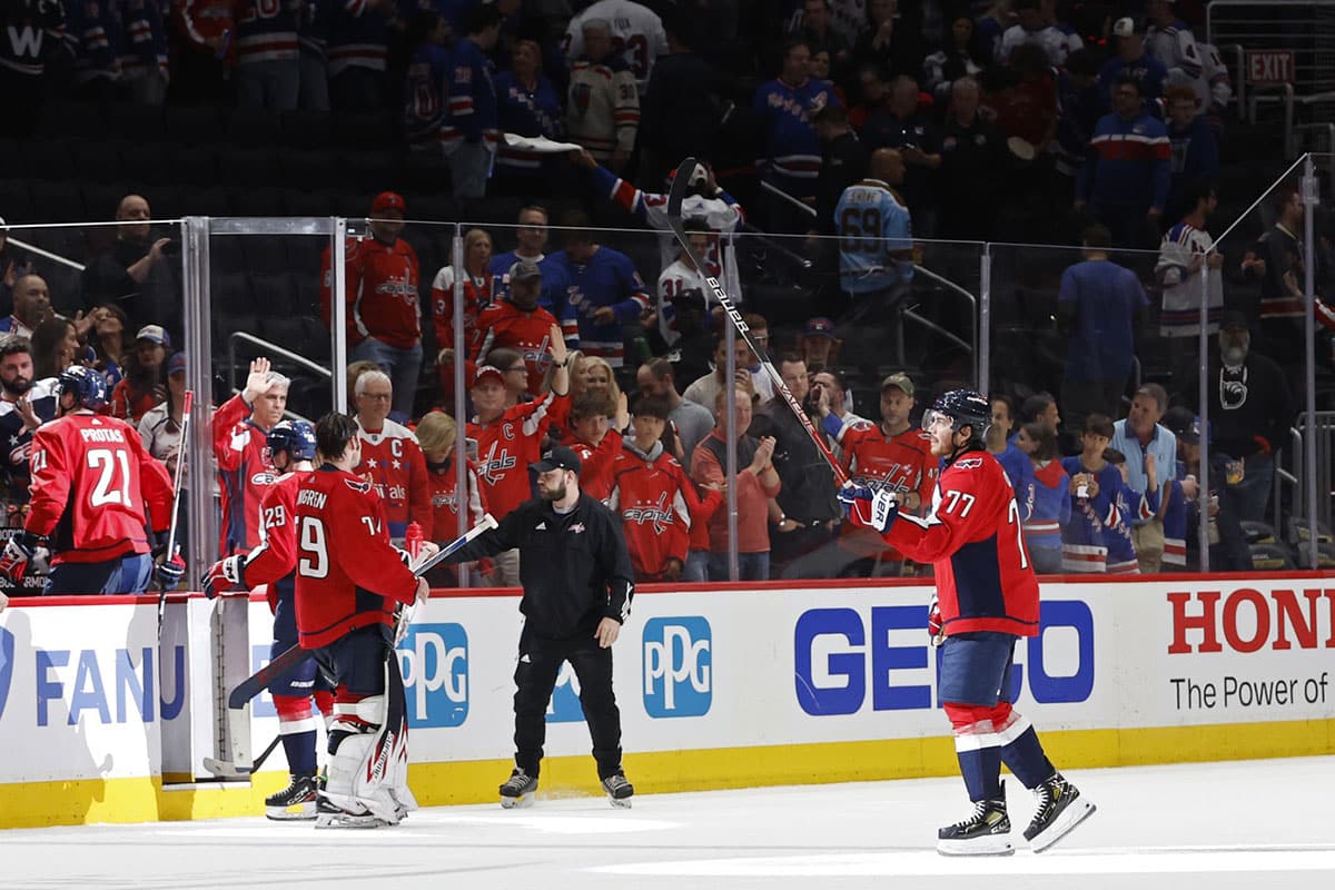 Washington Capitals right wing T.J. Oshie (77) salutes the fans before leaving the ice after the Capitals' game against the New York Rangers in game four of the first round of the 2024 Stanley Cup Playoffs at Capital One Arena.
