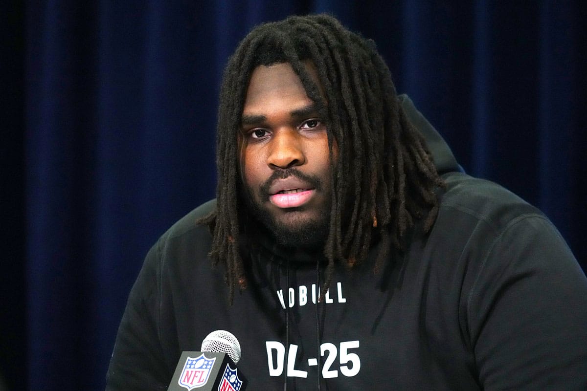 Texas defensive lineman T'Vondre Sweat (DL25) speaks at a press conference at the NFL Scouting Combine at Indiana Convention Center.