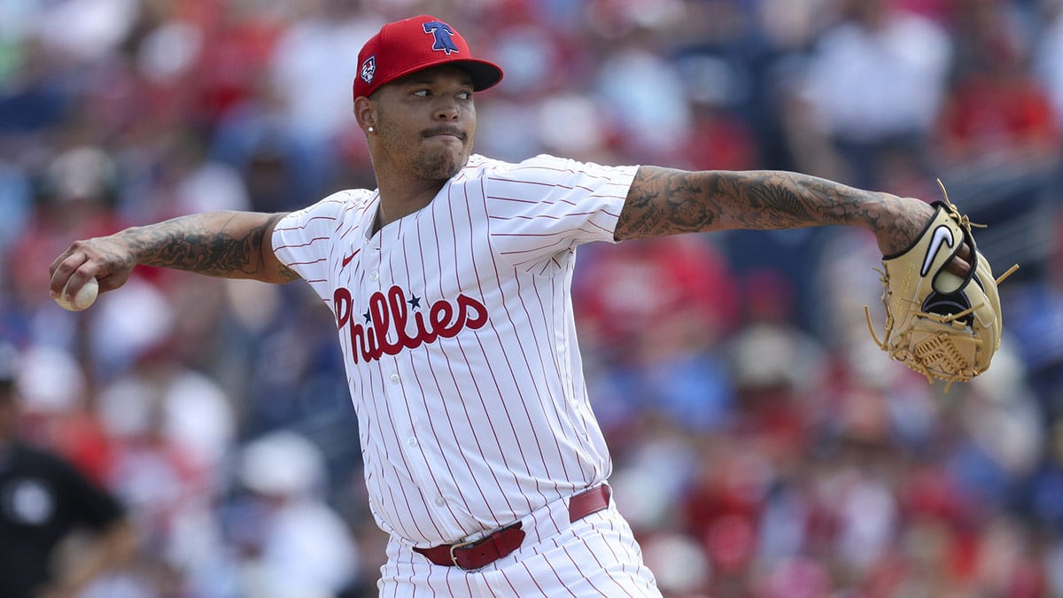 Philadelphia Phillies starting pitcher Taijuan Walker (99) throws a pitch against the Toronto Blue Jays in the first inning at BayCare Ballpark. 