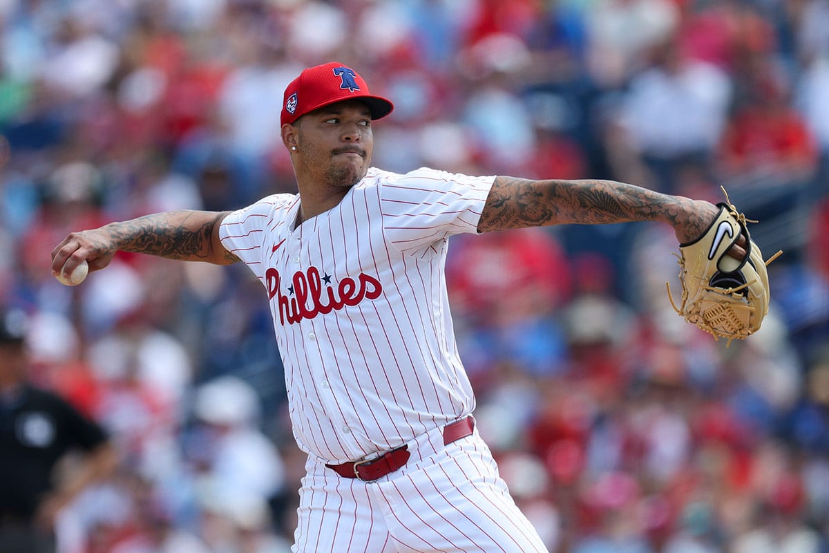 Philadelphia Phillies starting pitcher Taijuan Walker (99) throws a pitch against the Toronto Blue Jays in the first inning at BayCare Ballpark. 