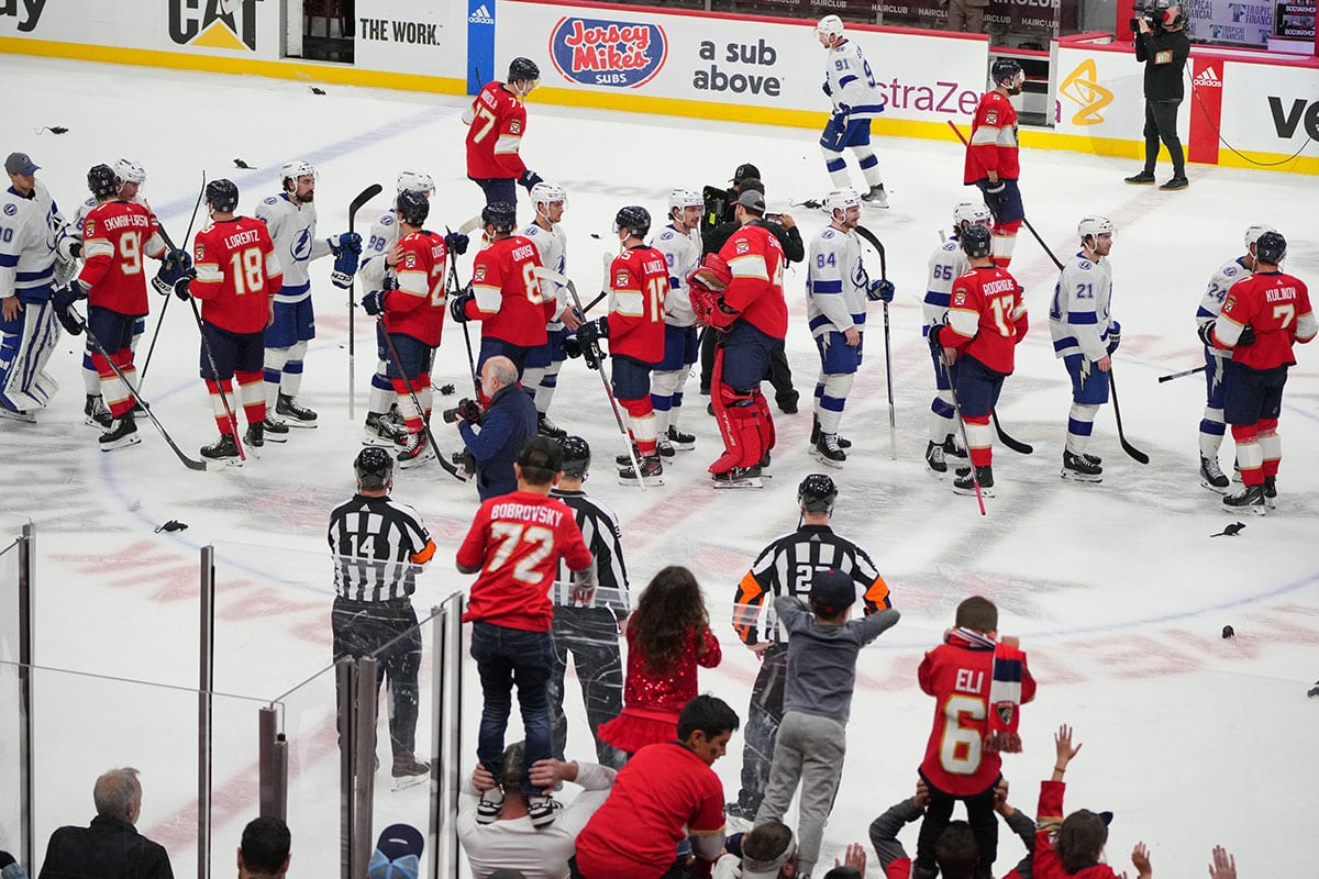 Tampa Bay Lightning and Florida Panthers shake hands following game five of the first round of the 2024 Stanley Cup Playoffs at Amerant Bank Arena. The Panther won the series 4-1 and advance to the second round.
