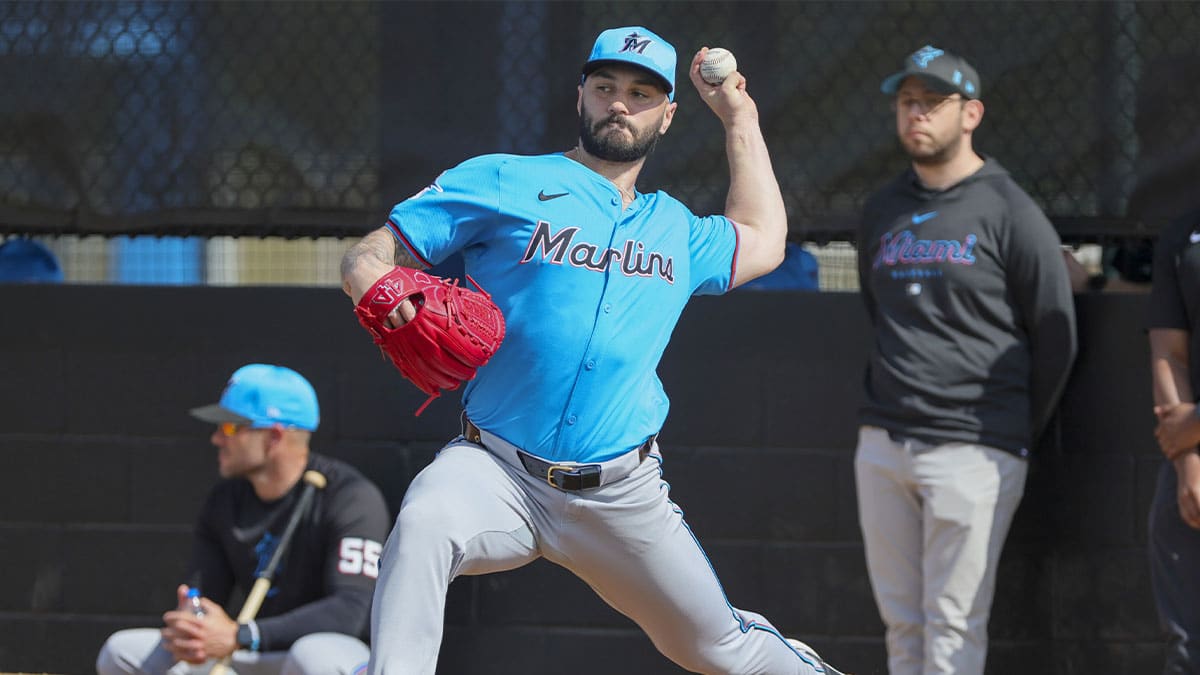  Miami Marlins relief pitcher Tanner Scott (66) delivers a pitch during a spring training workout at the Marlins Player Development & Scouting Complex.