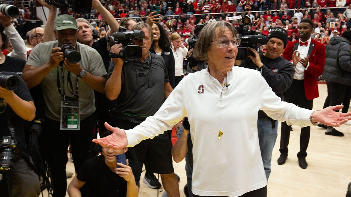 Stanford Cardinal head coach Tara VanDerveer reacts to winning her record 1,203rd collegiate coach win, a 65-56 victory over the Oregon State Beavers at Maples Pavilion