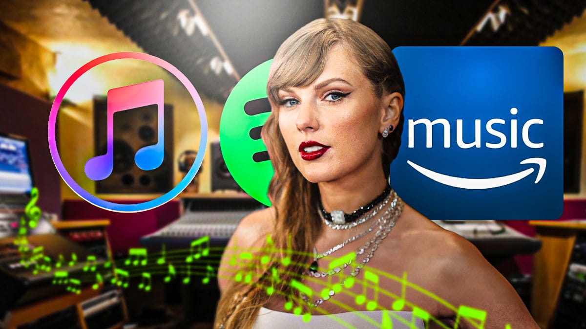 Taylor Swift with Spotify Apple Music logos