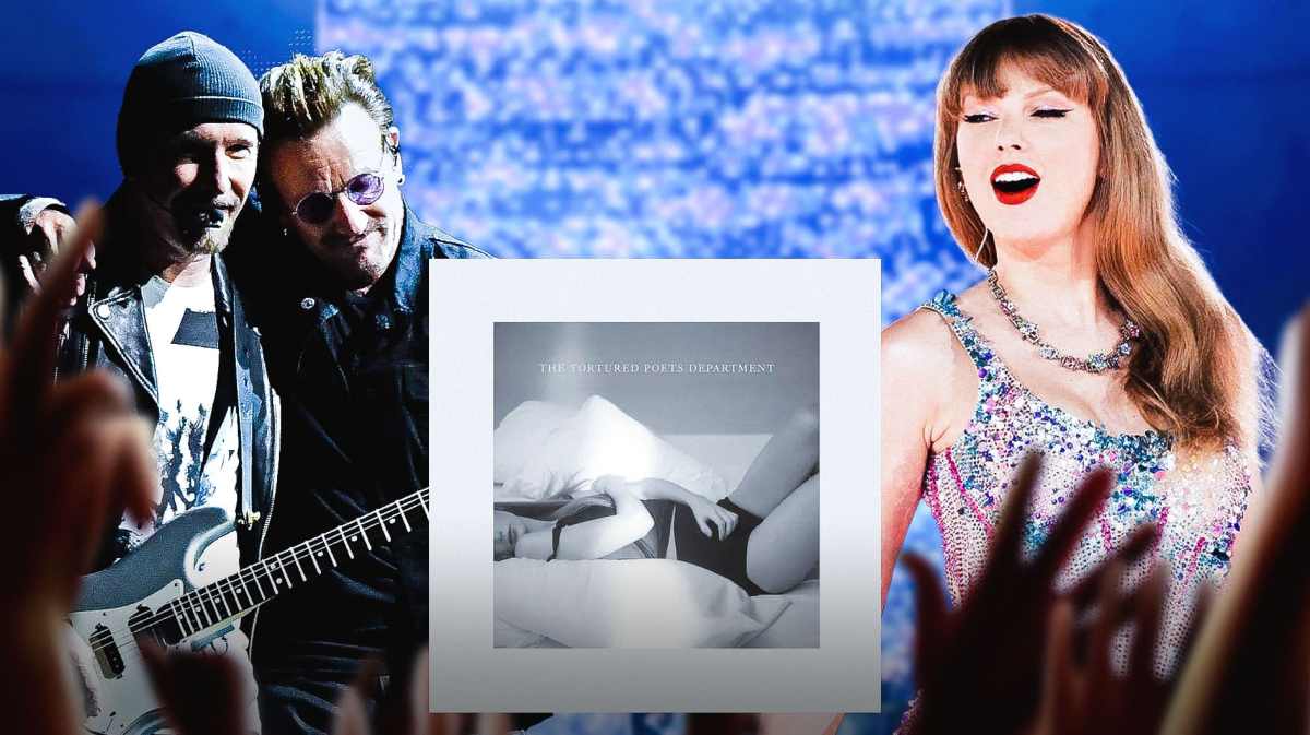 U2 The Edge and Bono with The Tortured Poets Department album cover and Taylor Swift with Sphere background.