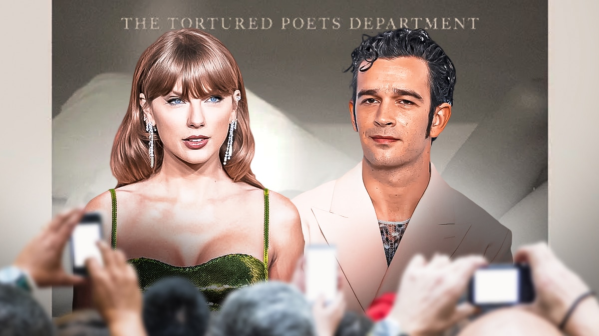 Taylor Swift, Matty Healy and the album cover for The Tortured Poets Department
