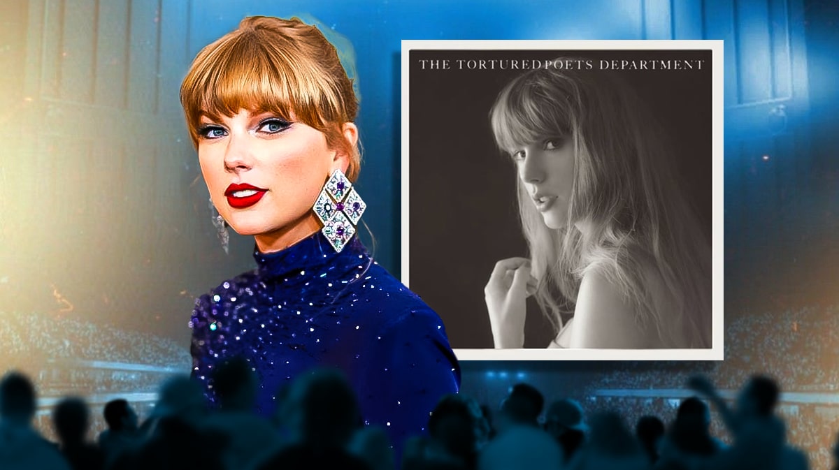 Taylor Swift with Tortured Poets Department cover