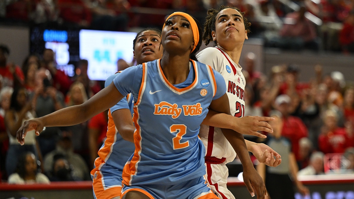 Tennessee Lady Vols forward Rickea Jackson (2) locks up with NC State Wolfpack guard Madison Hayes (21) for position in the second round of the 2024 NCAA Women's Tournament.