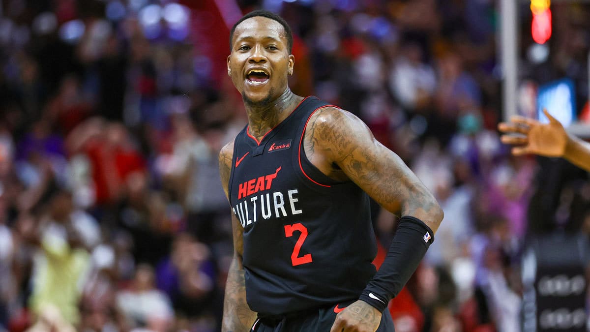 Miami Heat guard Terry Rozier (2) reacts after scoring against the New York Knicks during the fourth quarter at Kaseya Center.