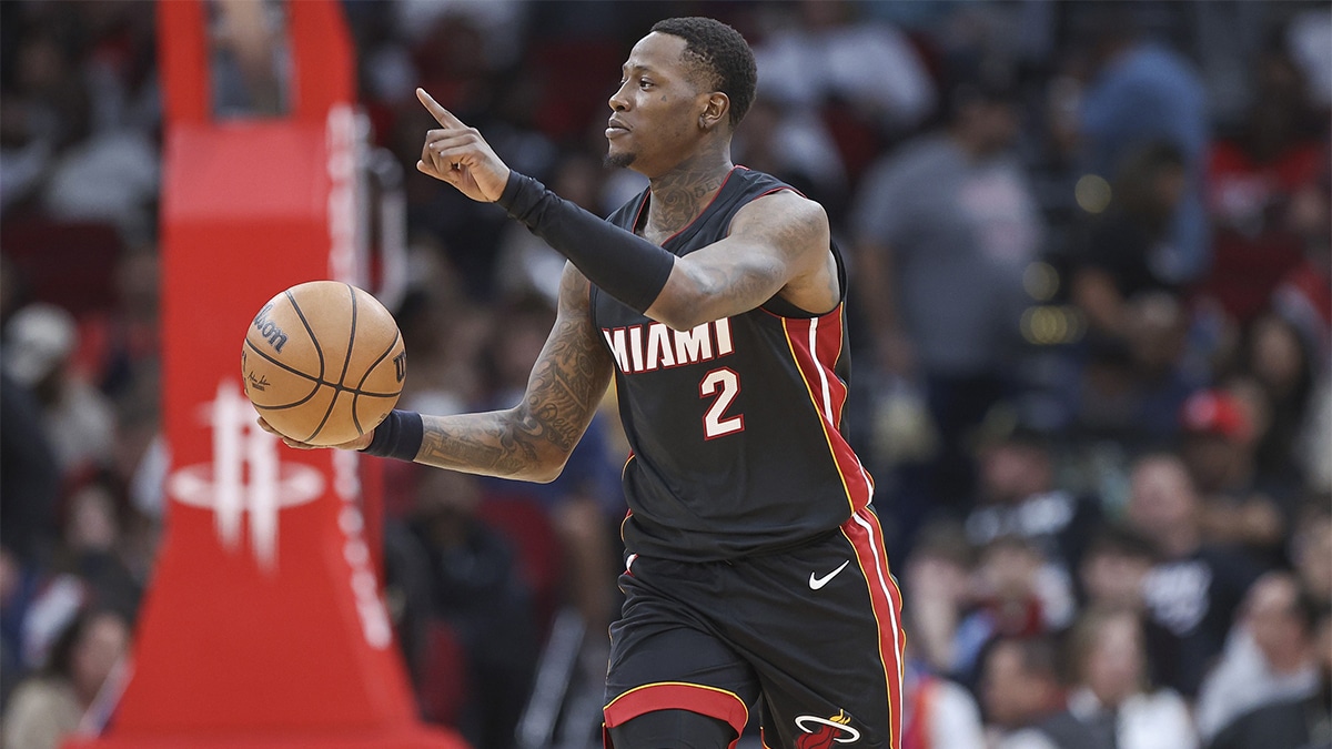 Miami Heat guard Terry Rozier (2) brings the ball up the court during the third quarter against the Houston Rockets at Toyota Center.