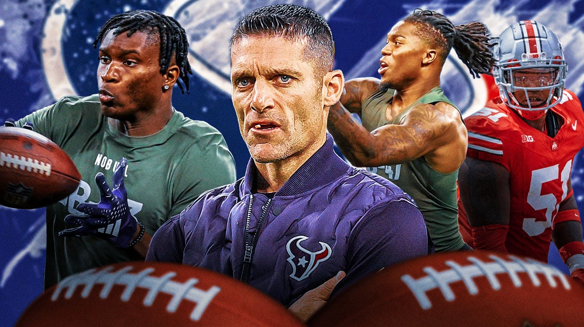 GM Nick Caserio in the middle, Kamari Lassiter, Javon Bullard, Michael Hall Jr around him, and Houston Texans wallpaper in the background