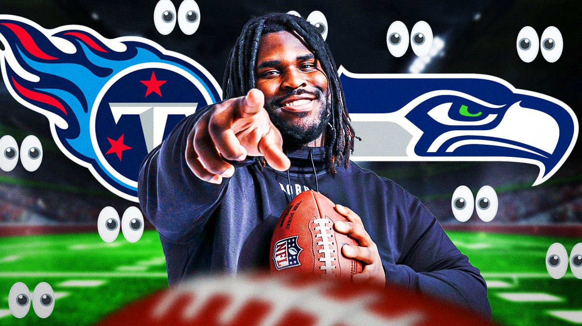 T'Vondre Sweat in the middle, the Titans logo on one side, the Seahawks logo on the other side, the big eyes emoji spread out throughout the background