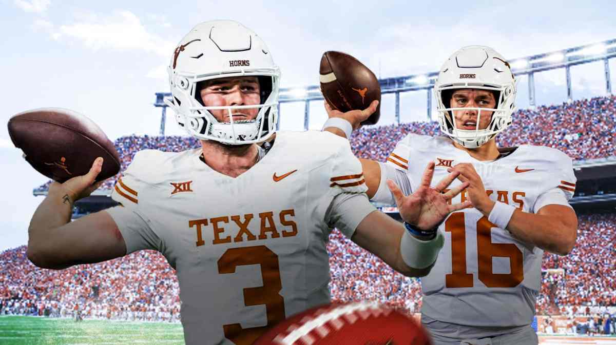 Texas football, Longhorns, Arch Manning, Texas spring football, Texas spring game, Quinn Ewers and Arch Manning with Texas football stadium in the background
