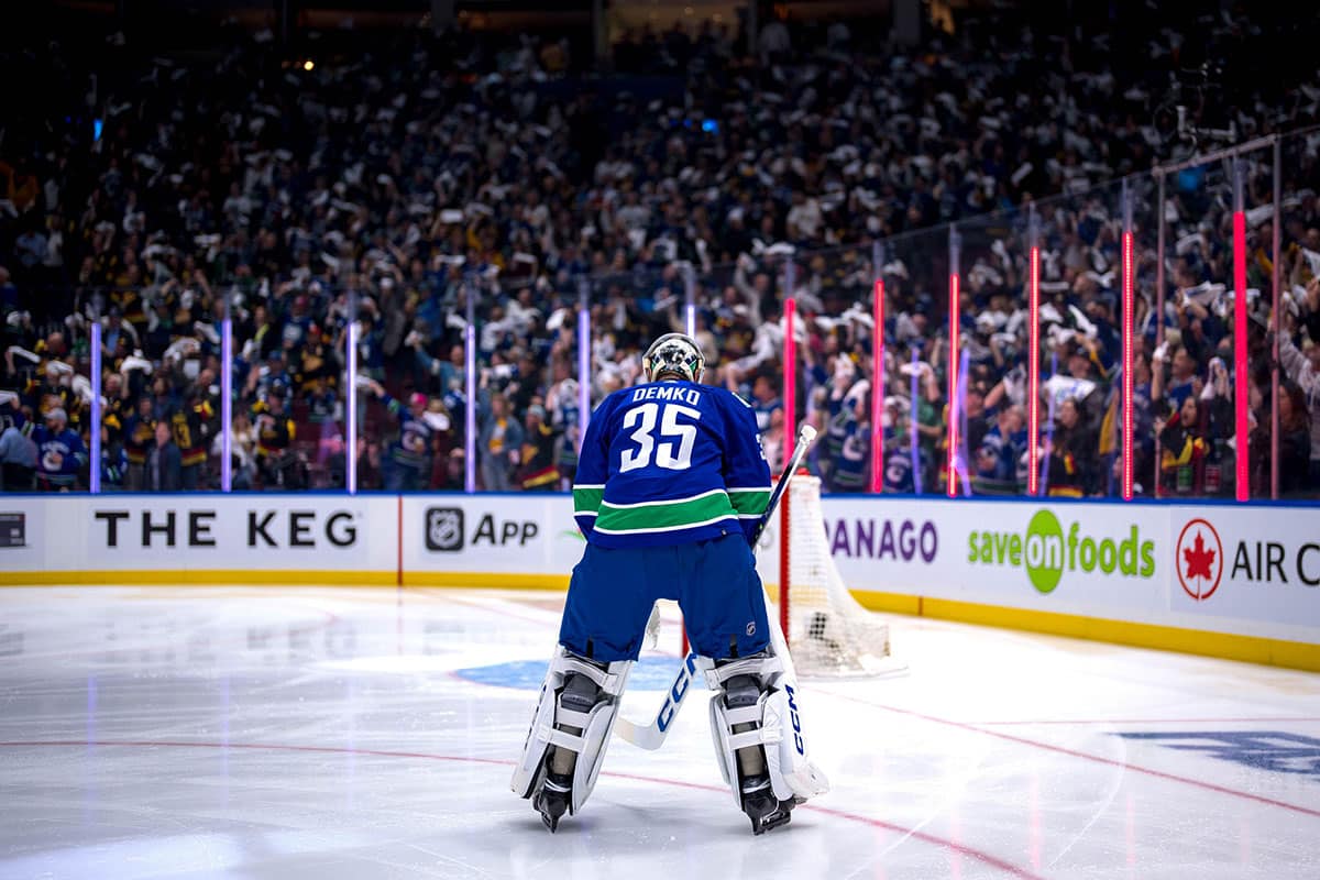 Vancouver Canucks goalie Thatcher Demko (35) reacts as the Canucks celebrate a goal score by forward Elias Lindholm (23) against the Nashville Predators in the second period in game one of the first round of the 2024 Stanley Cup Playoffs at Rogers Arena. 