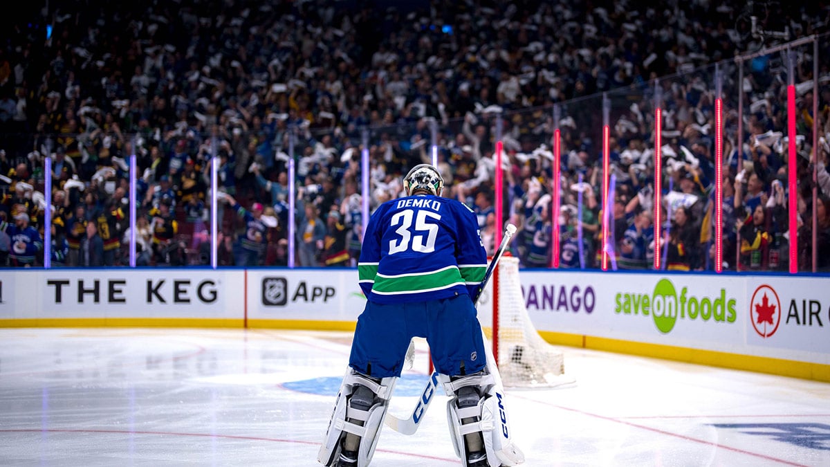 Vancouver Canucks goalie Thatcher Demko (35) reacts as the Canucks celebrate a goal score by forward Elias Lindholm (23) against the Nashville Predators in the second period in game one of the first round of the 2024 Stanley Cup Playoffs at Rogers Arena.