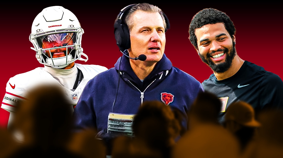 Bear Matt Eberflus with Caleb Williams and Cardinals Kyler Murray
