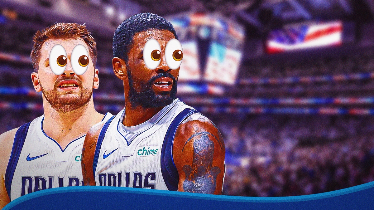 Mavericks' Luka Doncic and Mavericks' Kyrie Irving both inside of the American Airlines Center with their eyes popping out looking to the left.