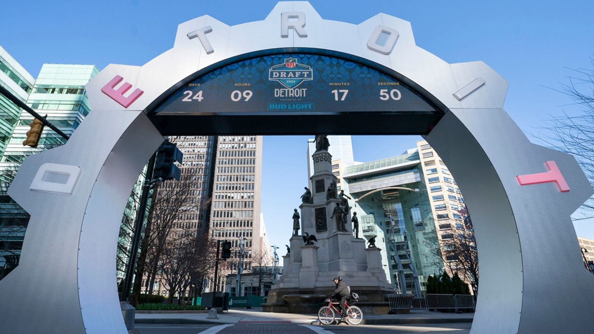The NFL Draft countdown clock in Campus Martius in Detroit is counting down the days as the NFL Draft stage set up has begun near Cadillac Square and Campus Martius in Detroit on Monday, April 1, 2024.