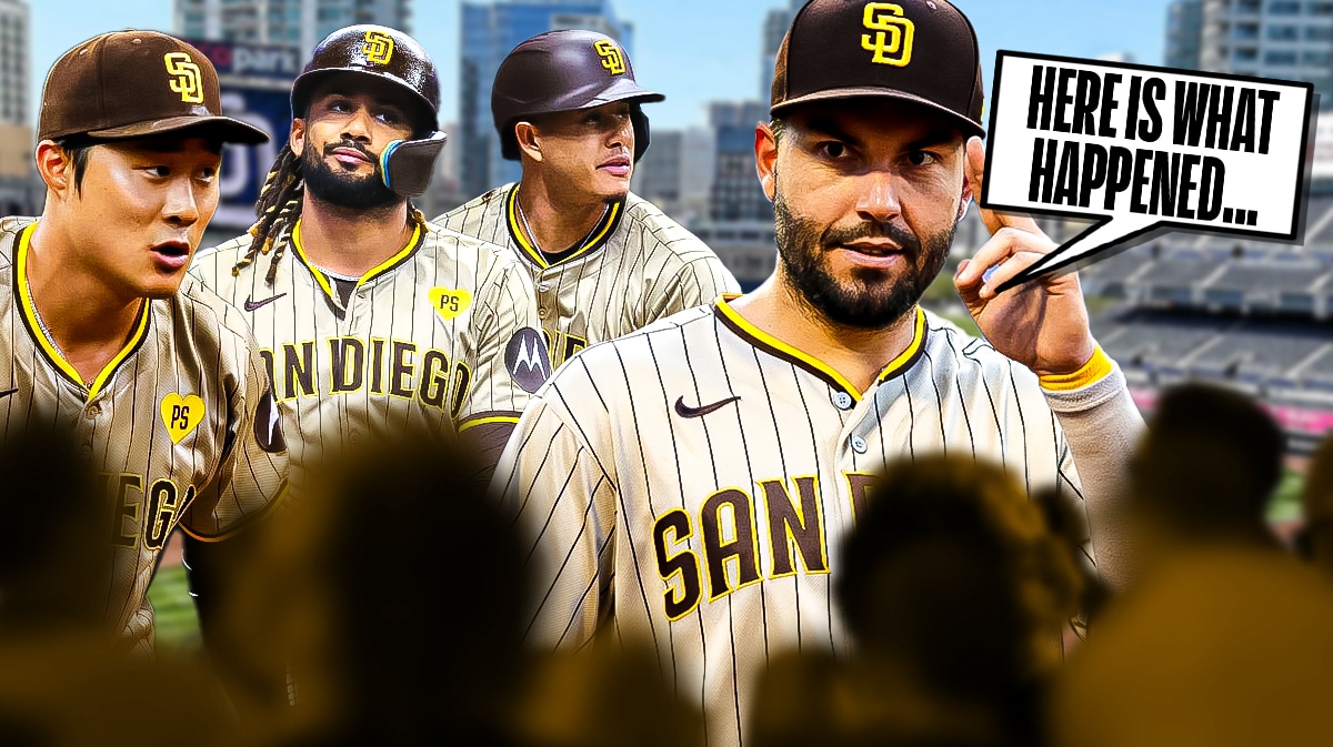 Padres' Eric Hosmer saying the following: Here is what happened... Need Padres' Fernando Tatis Jr., Padres' Manny Machado, and Padres' Ha-Seong Kim next to Hosmer. Petco Park background.