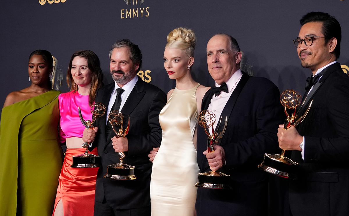 (L-R) Moses Ingram, Marielle Heller, Scott Frank, Anya Taylor-Joy, William Horberg, Mick Aniceto and Marcus Loges, winners of Outstanding Limited or Anthology Series for 'The Queen's Gambit', in the press room at the 73rd Emmy Awards at L.A.