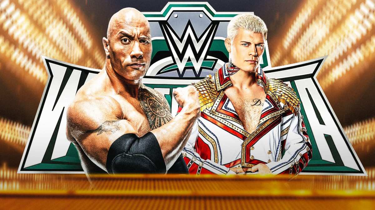 2024 The Rock next to Cody Rhodes with the WrestleMania 40 logo as the background.