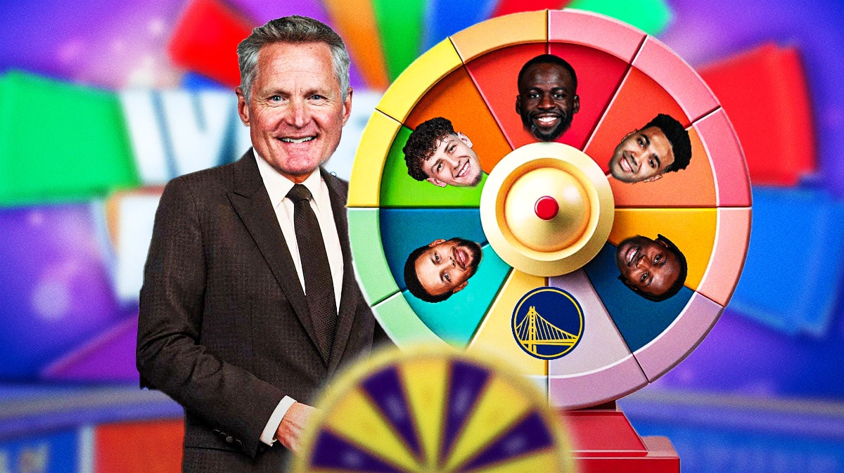 Warriors' Steve Kerr spinning a wheel of fortune, with the heads of Draymond Green, Trayce Jackson-Davis, Brandin Podziemski, Stephen Curry, and Jonathan Kuminga on the spokes of the wheel