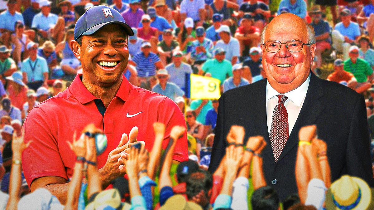 Tiger Woods next to Verne Lundquist