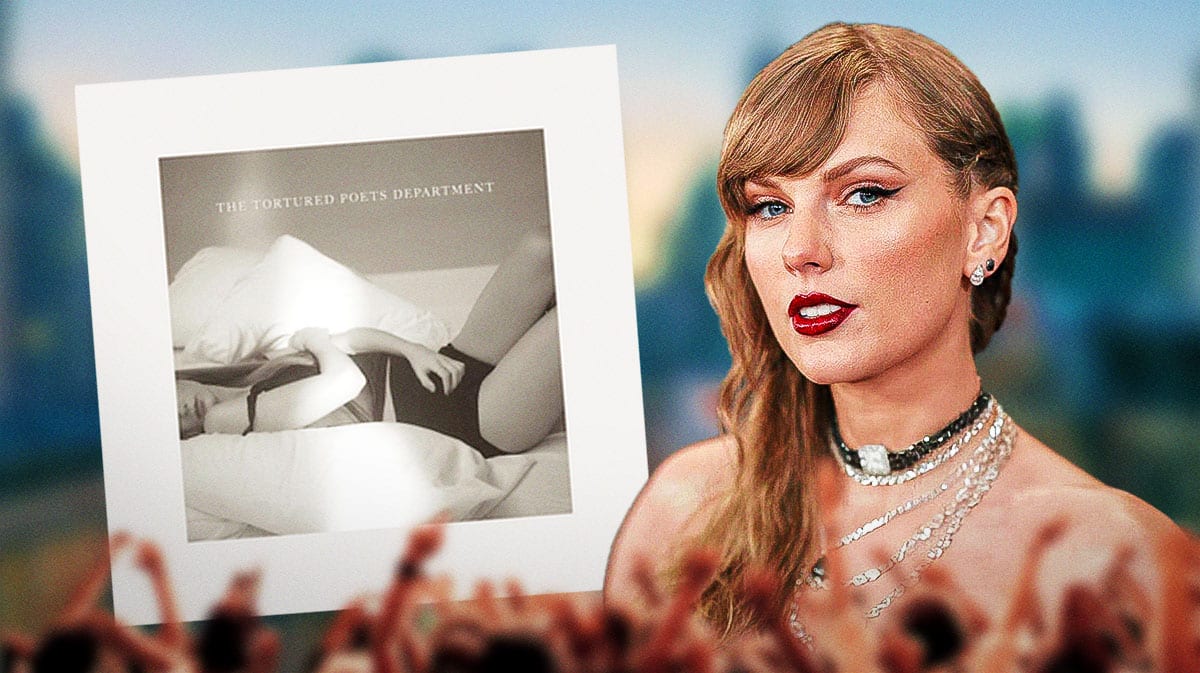 The Tortured Poets Department album cover with Taylor Swift.