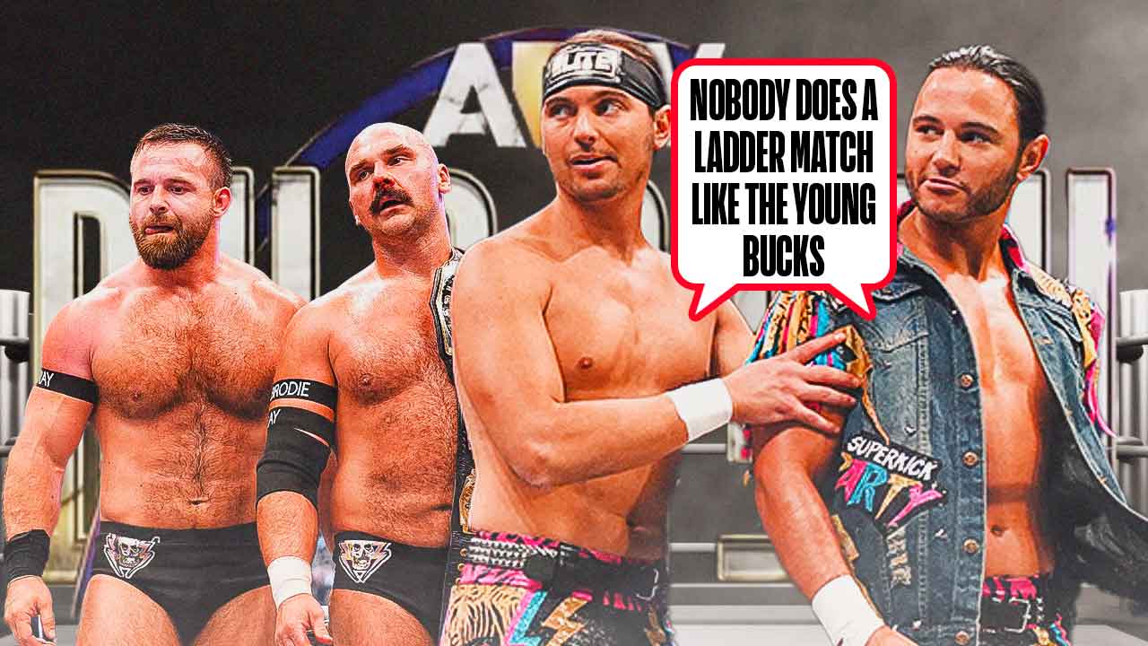 The 2024 Young Bucks with a text bubble reading "Nobody does a Ladder match like the Young Bucks" next to FTR with the AEW Dynasty logo as the background.