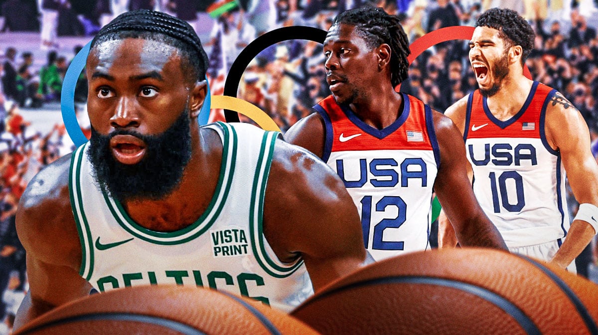 Jaylen Brown in a celtics jersey next to Jrue Holiday (Team USA jersey) on the right and Jayson Tatum on the left (Team USA jersey). they can all be smiling/hyped and the background can be american/olympic themed