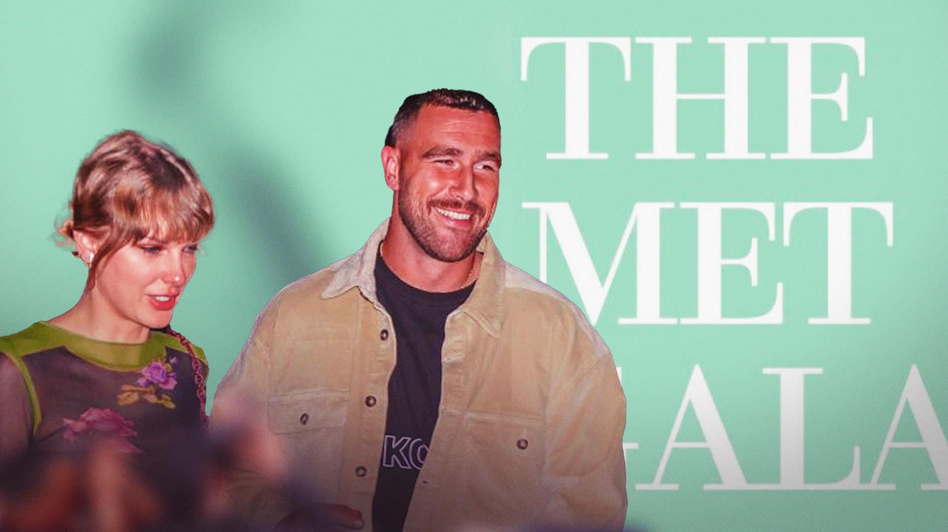 Travis Kelce and Taylor Swift with Met Gala sign next to them